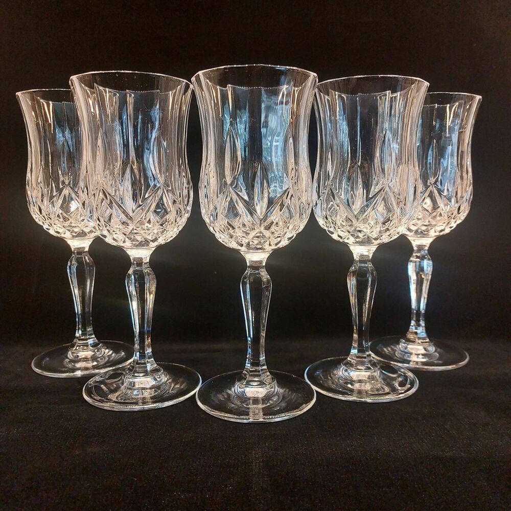 Vintage Cut Crystal Wine Glasses Set of 5 Clear Water Goblets Italy Shimmer